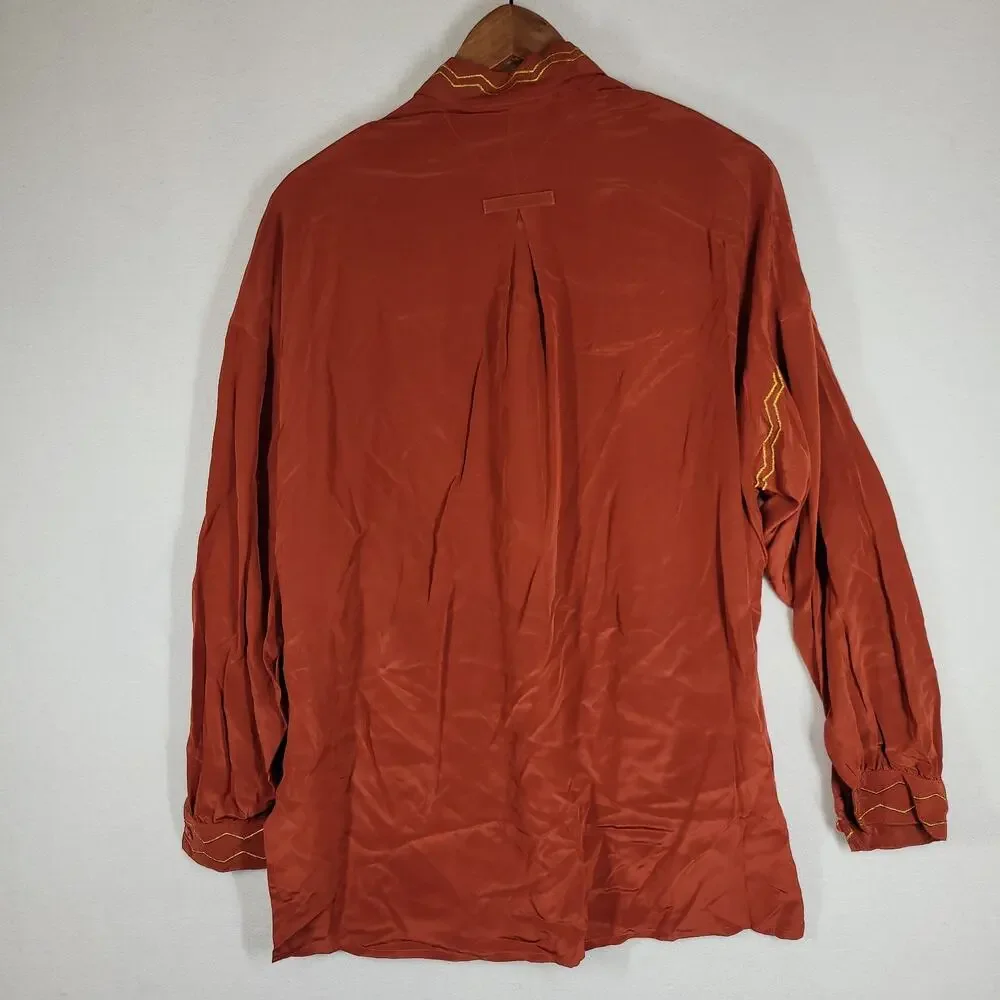 Vintage Gary Fabrikant Ltd Shirt Womens Sz 8 Red 100% Silk Embroidered Grandma